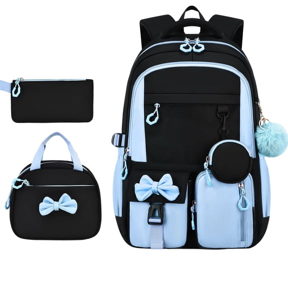 Bow Backpack Set for Girls School Backpack with Lunch Box and Pencil Case School Bookbag for Kids Elementary Senior Year