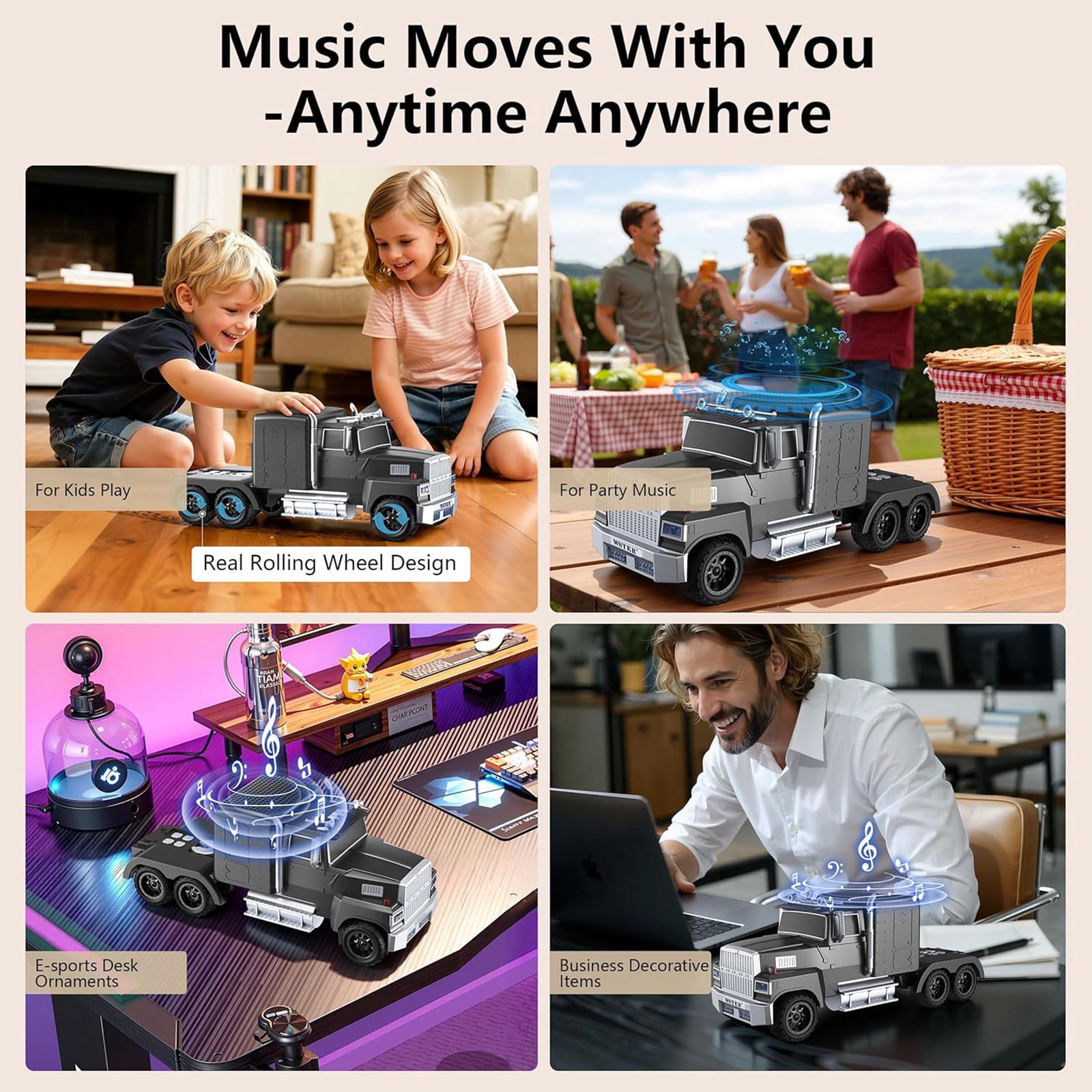 WSTER WS-570 Big Truck Model Bluetooth Speaker with USB TF Card AUX FM Radio TWS Pairing for Home OutdoorBeach Stereo Audio Subwoofers Birthday Gift(Black)
