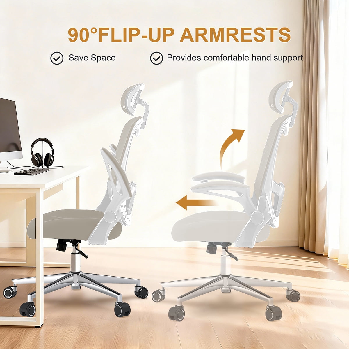 Office Chair, Ergonomic Breathable Mesh,Flip-Up Arms and Adjustable High Back Lumbar Support,Comfy Computer Chair for Home Office