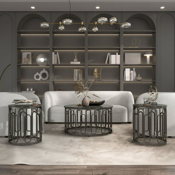 Furniture of America Saz Stone Top 3-Piece Coffee Table Set, Black