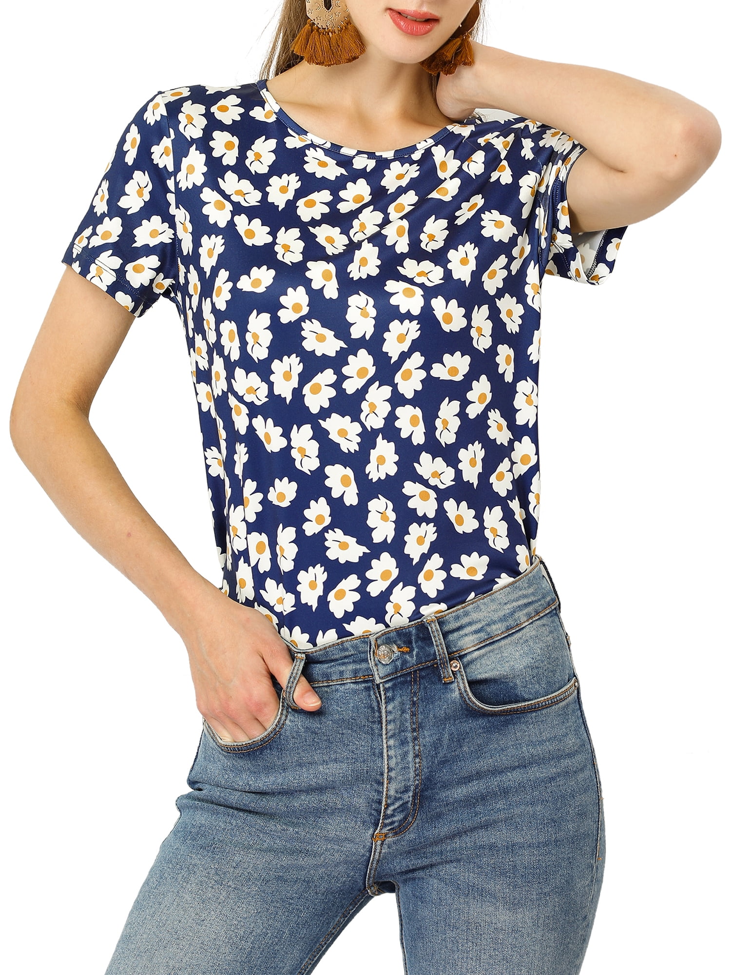 Unique Bargains Women's Daisy Floral Print Summer Crew Neck Short Sleeve Top