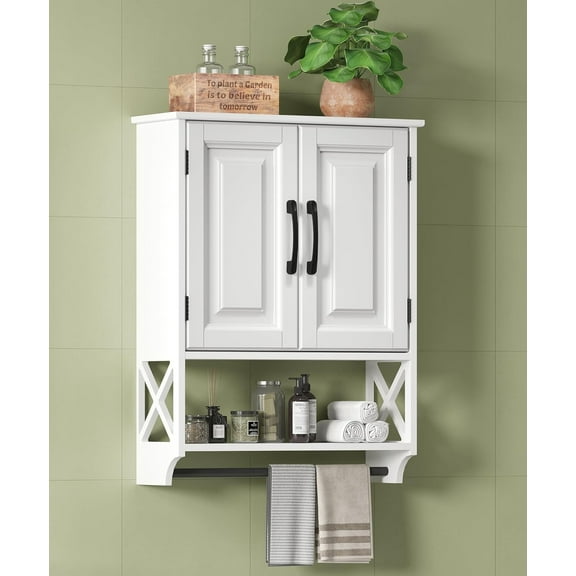White Bathroom Cabinet Wall Mounted with Towels Bar, 20"x25" Farmhouse Bathroom Wall Cabinets Medicine Cabinet with Adjustable Shelves, Over Toilet Cabinet for Laundry Living Room Kitchen