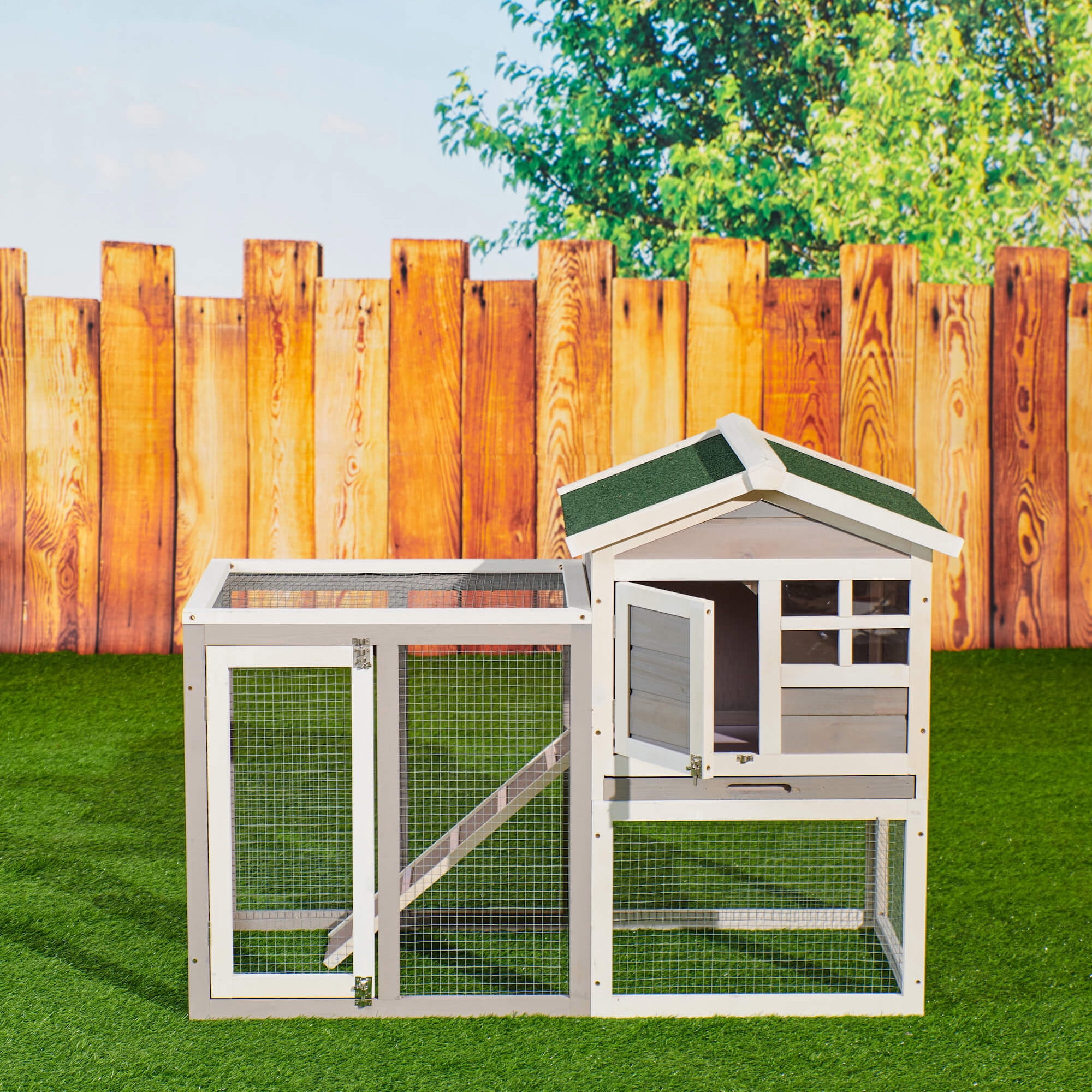 Kepooman 2-Tier Wooden Bunny Cage with Removable Tray, 48" Rabbit Hutch Pet House with Ramp, Gray Kepooman 2-Tier Wooden Bunny Cage with Removable Tray, 48" Rabbit Hutch Pet House with Ramp, Gray