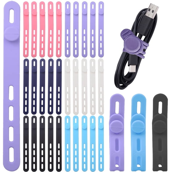 30pcs 6 ColorsSilicone Cable Ties Adjustable Wire Cord Tie Cable Strap Reusable Elastic Cord Wrap Ties Electrical Cord Organizers for Bundling Earphone Phone Charger Computer Cords