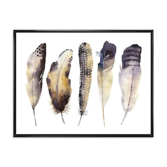 Dark Gray Feathers Boho Ethnic I 20 in x 12 in Framed Painting Canvas Art Print, by Designart