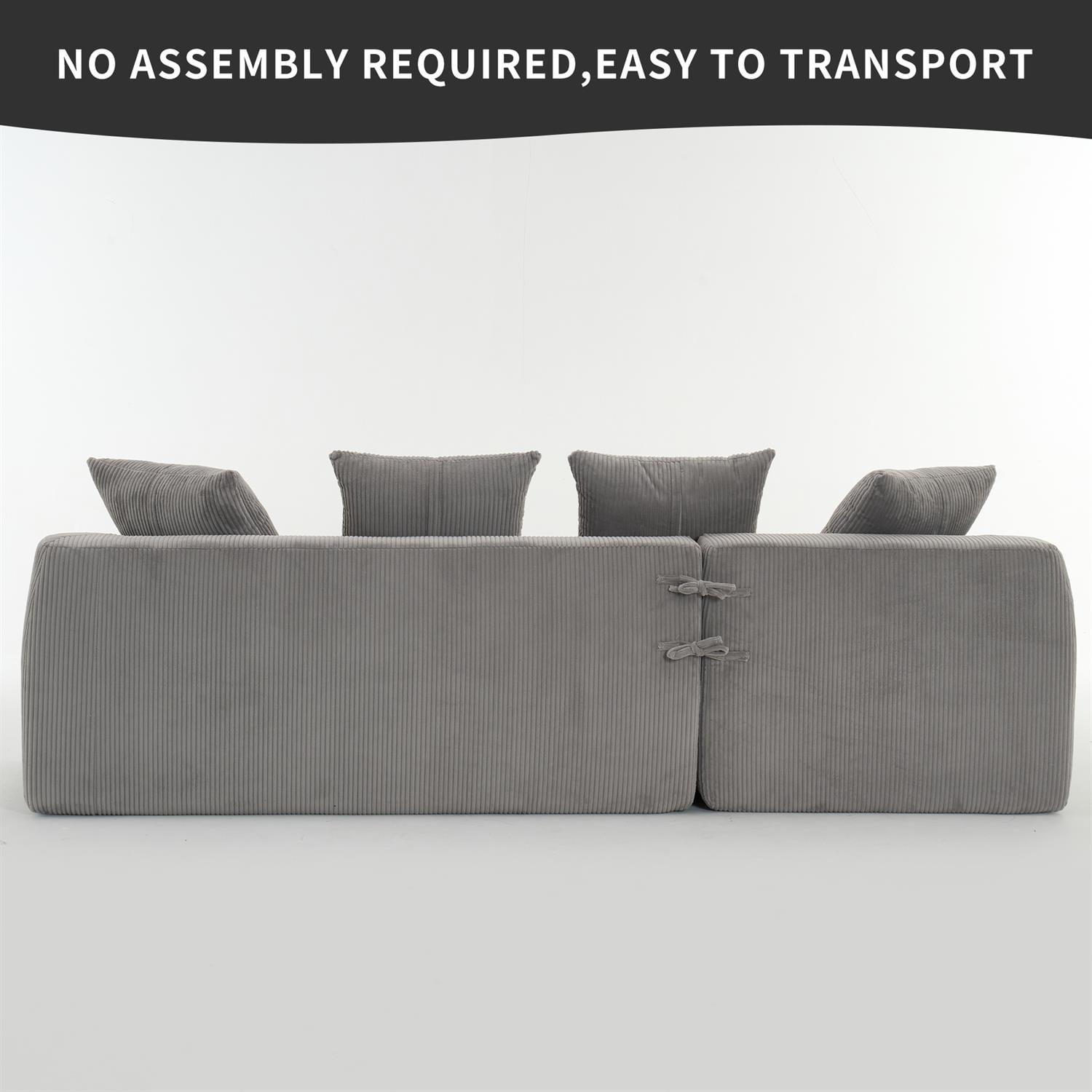 Demi Bonn 101" Corduroy Compression Sofa with Chaise Lounge, 3-Seater Couch with Full Sponge Cushion & 4 Pillows, Ideal for Living Room, Light Gray