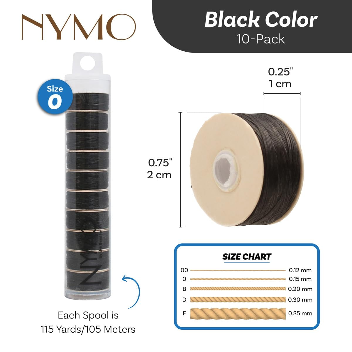 The Beadsmith Nymo Thread – 10-Pack Black Color – Size 0, .15mm Diameter, 115 Yard/105 Meter Spool – Made of Nylon – Bead Embroidery & Weaving, Off Loom & Loom Work and DIY Craft Projects