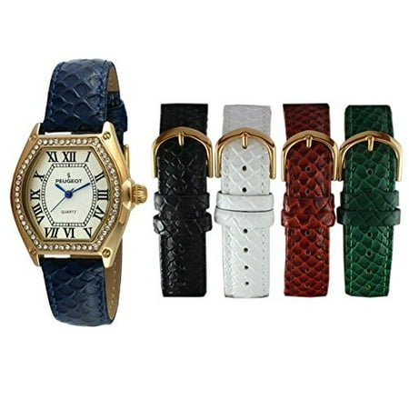 - Peugeot Women's 14k Gold Plated Tank Crystal Bezel Five Easy Release Interchangeable Leather Bands Watch Gift Set 679G