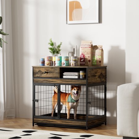 Furniture Dog Cage Crate with Double Doors ,Rustic Brown,31.5"WX22.64"DX30.59"H DJR