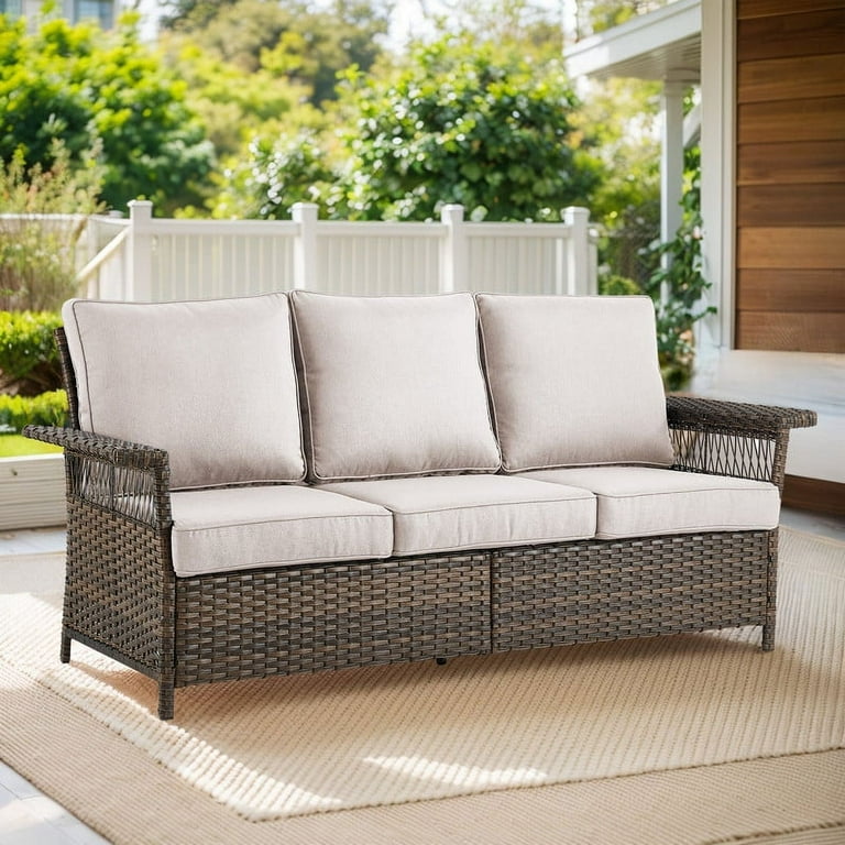 PARKWELL Wicker Outdoor 3 Seater Sofa Patio Rattan Couch with Cushions Deep Seat Beige
