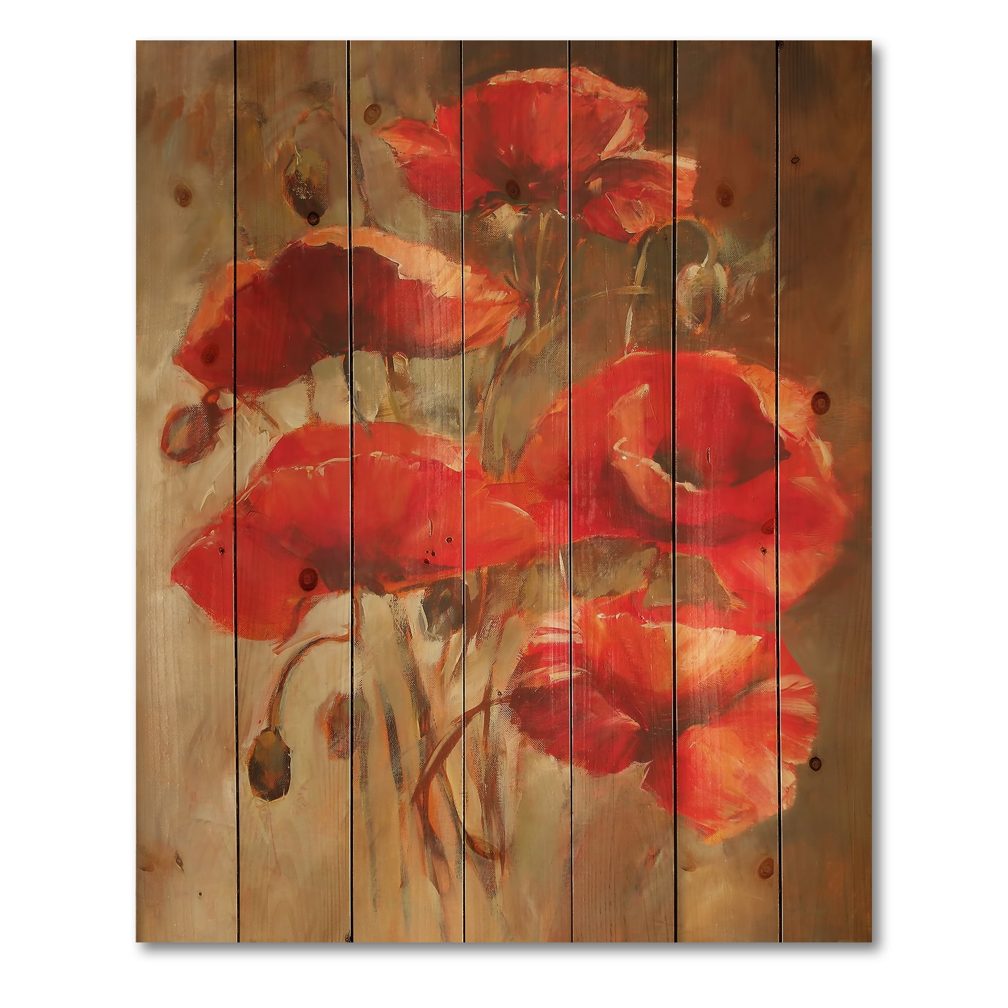 Designart 'Red Blossoming Poppies Over Wild Brown II' Traditional Print on Natural Pine Wood