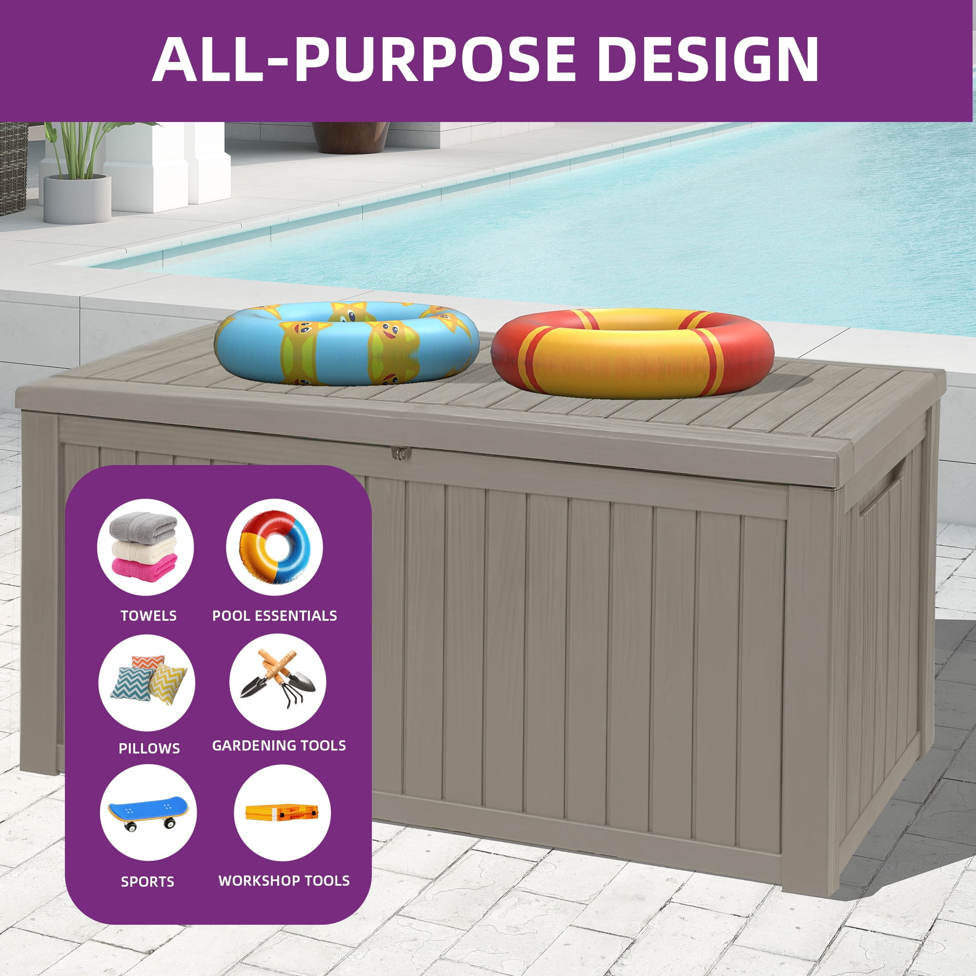 Dextrus 220 Gallon Extra-Large Resin Deck Box, Light Brown Waterproof Storage Container, Lockable Deck Box with Removable Divider for Garden Tools, Pool Accessories & Outdoor Furniture Essentials