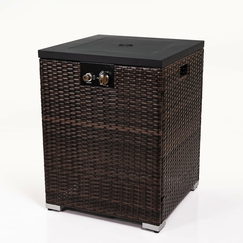 22" Square Gas Fire Pit Table w/Glass Windshield- 50,000 BTU with Wicker-Style Base for Patio