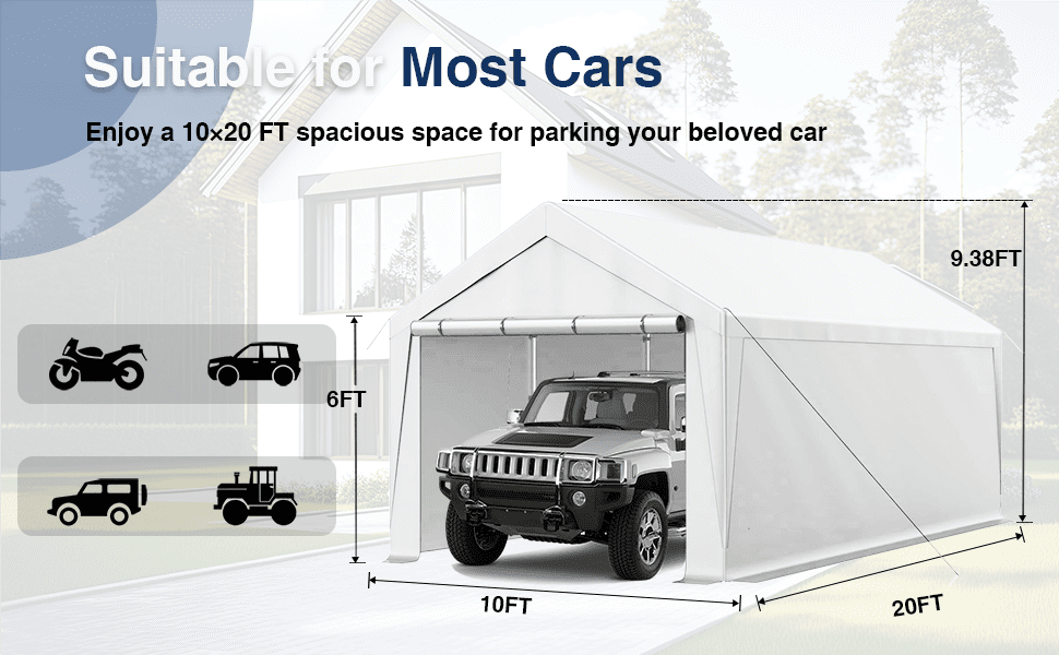 TANGJEAMER 20x10 ft Heavy Duty Carport with Roll-up Door – Fully Enclosed Side Walls, 180G PE Portable Garage, Weatherproof Shelter for Cars, Trucks & Storage (White)