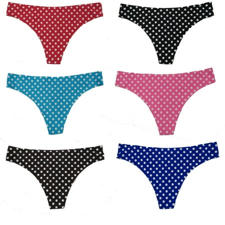 Women's Seamless White Polka Dot Thong Panties (6 Pack) S