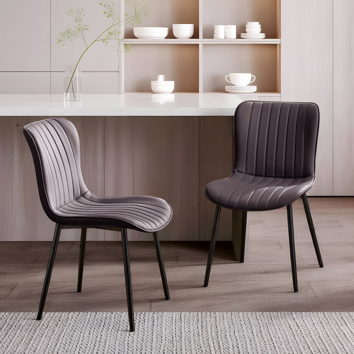 L'AGRATY Modern Dining Chairs Set of 2, PU Leather Upholstered Side Chairs with High Backrest, Kitchen Chair,Heavy Duty, Cushions & Durable Metal Legs for Kitchen, Dining Room,Restaurant,Brown