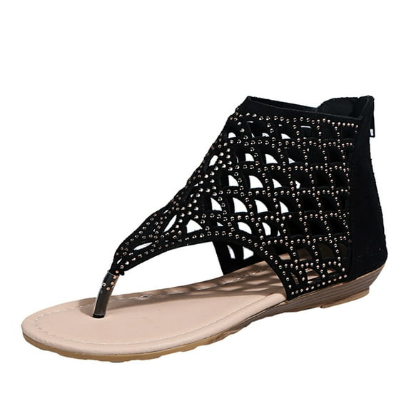 Ankle Boots Sandals for Women Summer Rhinestone Hollow Mesh Flat Sandals Open Toe Flip-Flops Sandal Shoes