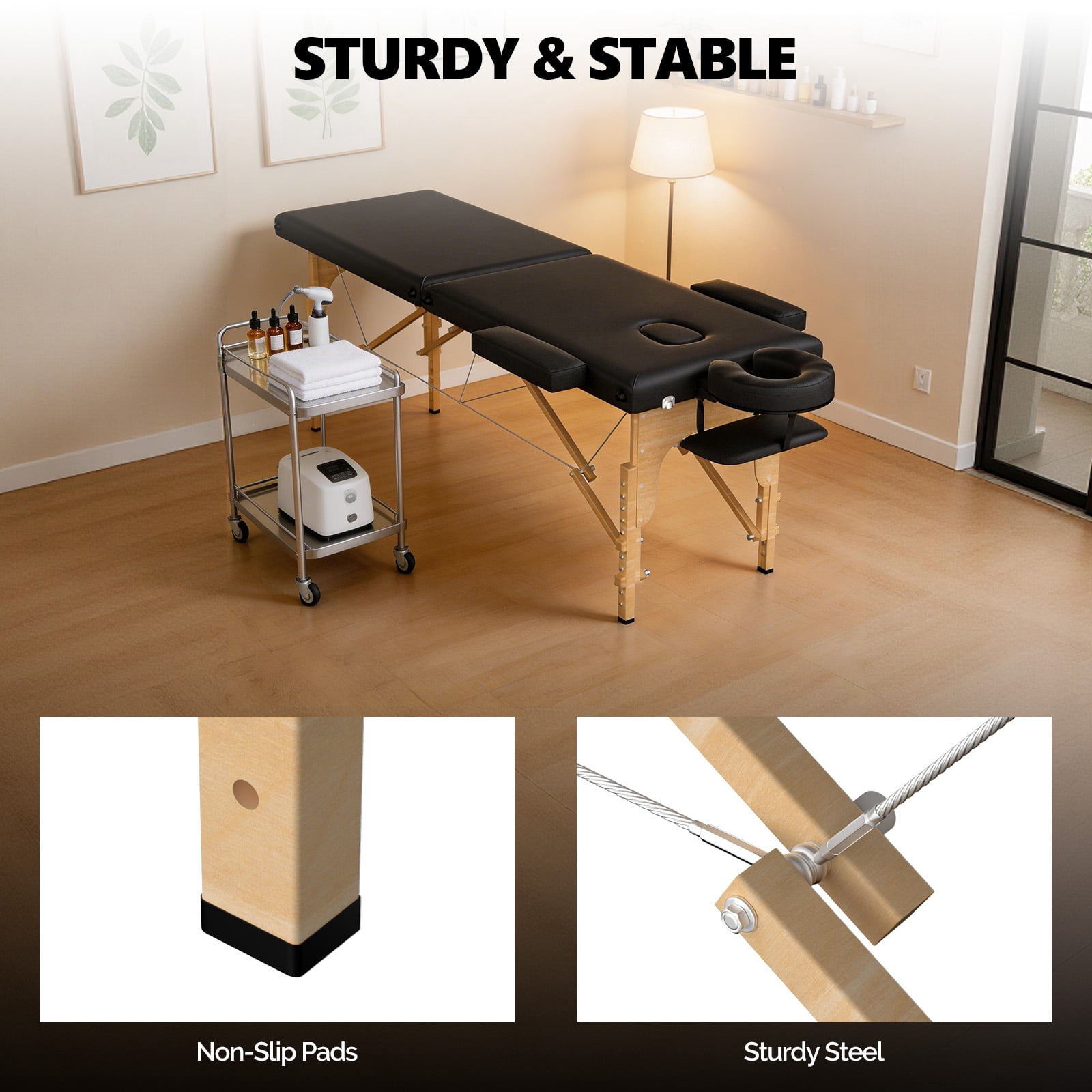 Ktaxon Foldable Massage Table, 24" Wide Spa Bed Portable 2 Fold with Adjustable Height, Black