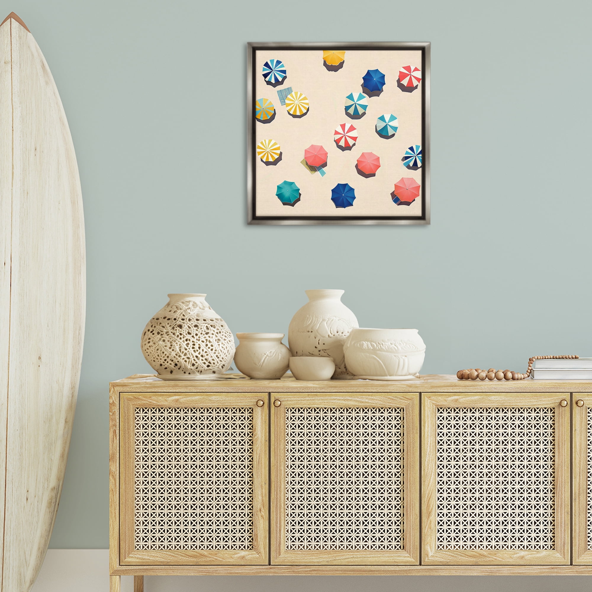 Stupell Industries Coastal Retreat Umbrellas Nautical & Beach Painting Gray Floater Framed Canvas Art Print Wall Art, 25 x 25