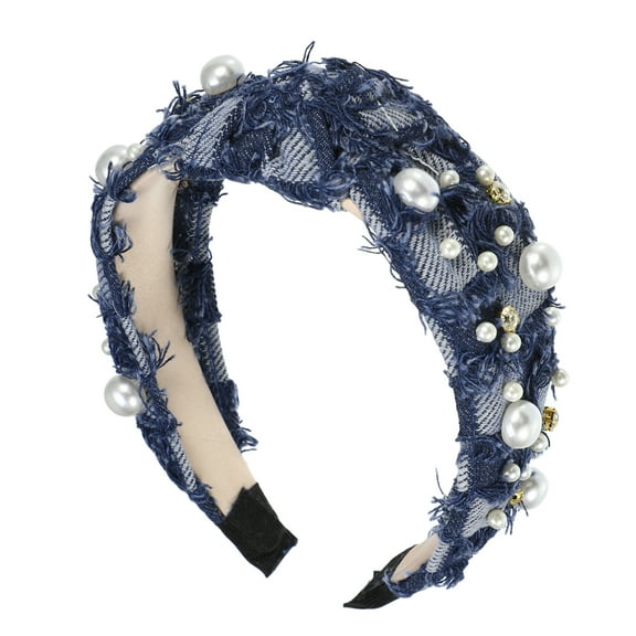 Unique Bargains Pearly Crystal Knotted Women Headband Classic Casual Style Headband for Women Deep Blue 5.24"x1.97"