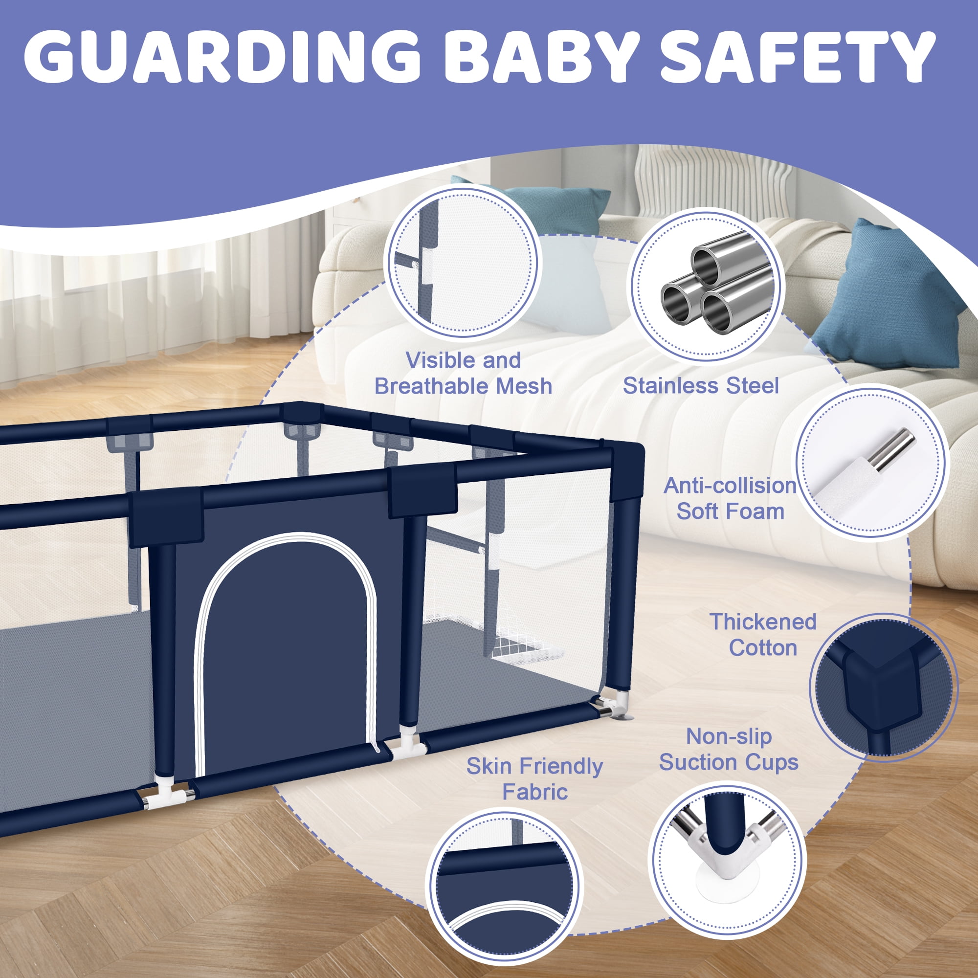 Baby Playpen, HDJ 71 inch Extra Large Baby Play Yard with Soft Breathable Mesh, Play Fence for Infant and Toddlers, Anti-Slip Base, Blue