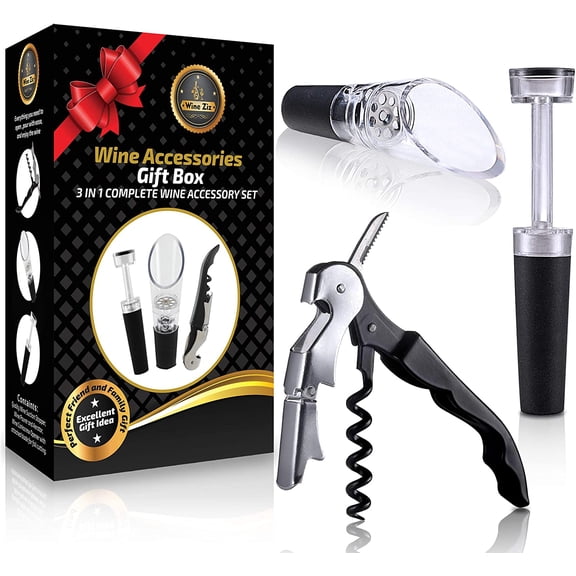 Wine Ziz Wine Accessories Gift Box Set | Waiters Corkscrew Remover/Opener, Foil Cutter, Built-in Vacuum Wine Saver Bottle Stopper, Aerator Pourer | Wine Bottle Opener Wine Key Corkscrew Wine Opener