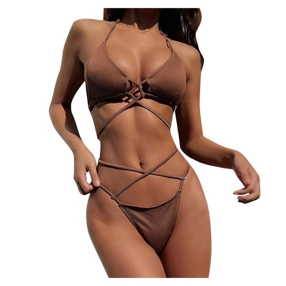 DHFJKG Womens Swimsuits Two Piece Bikini Set Solid Color Lace Up Halter Sexy Bathing Suit With Thong Bottoms Trendy Beachwear