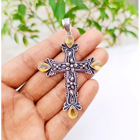 Yellow Citrine Cross Pendant 925 Sterling Silver Polished Handmade Gemstone Jewelry 2.83"