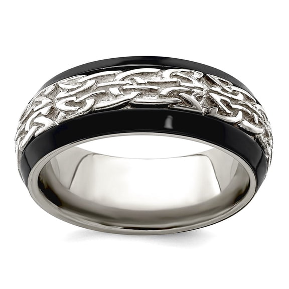 Black Titanium With 925 Sterling Silver Patterned 9mm Band Size 12.5 Ring for Women and Men
