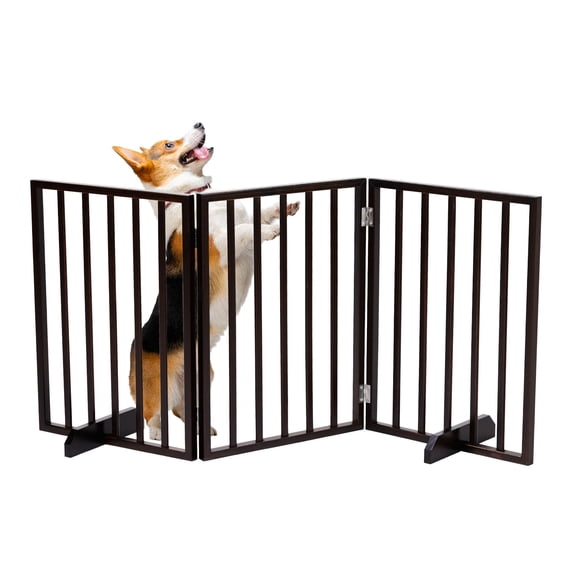 Ktaxon Solid Hardwood Freestanding Dog Gate, Foldable Wooden Pet Gates for Indoor, 24" Height, 3 Panels, Walnut
