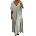 thumbnail image 1 of yoeyez Robe en Lin pour Femme Grande Taille, Robe Unie à Col en V Smockée pour Femme Longue Plissée à Manches Courtes Robes Boho Ample Fluide Robe Maxi Gris, m, 1 of 6