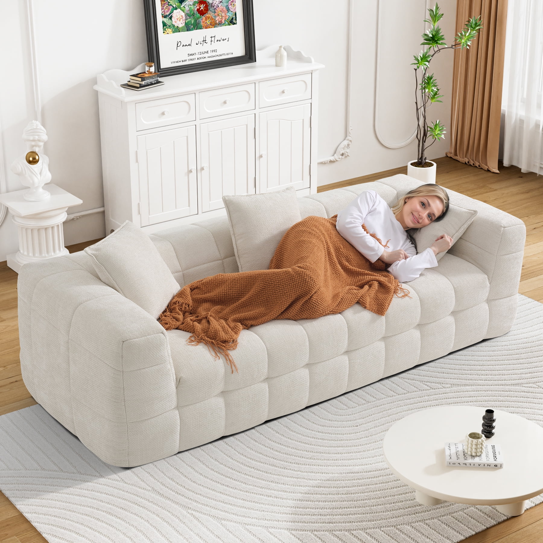 Wiilayok 89.8" Cloud Sofa Couch,Chenille 3 Seater Deep Seat Sofa Couch,No Assembly Required,Beige