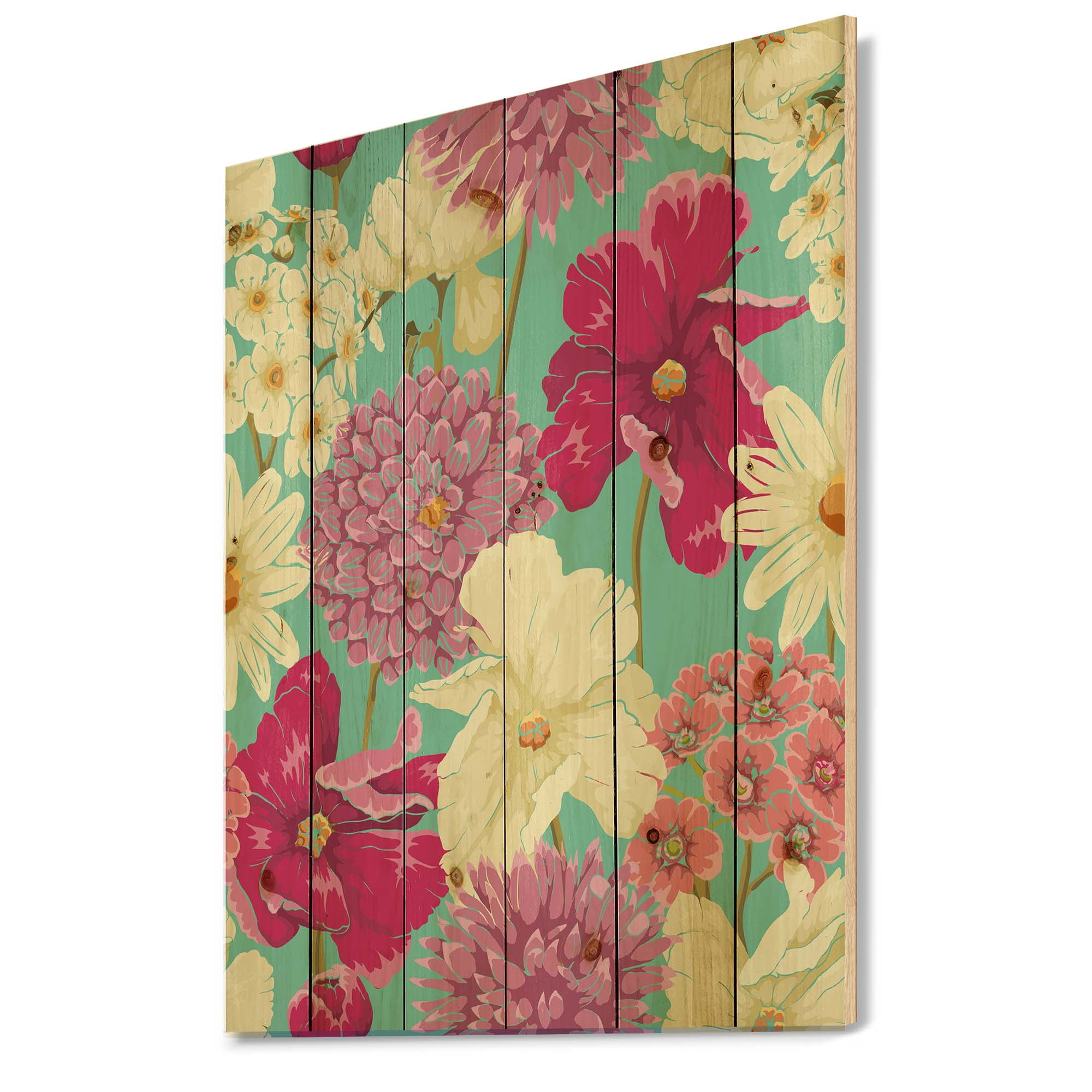 Designart 'Vintage Yellow and Pink Flowers' Traditional Print on Natural Pine Wood
