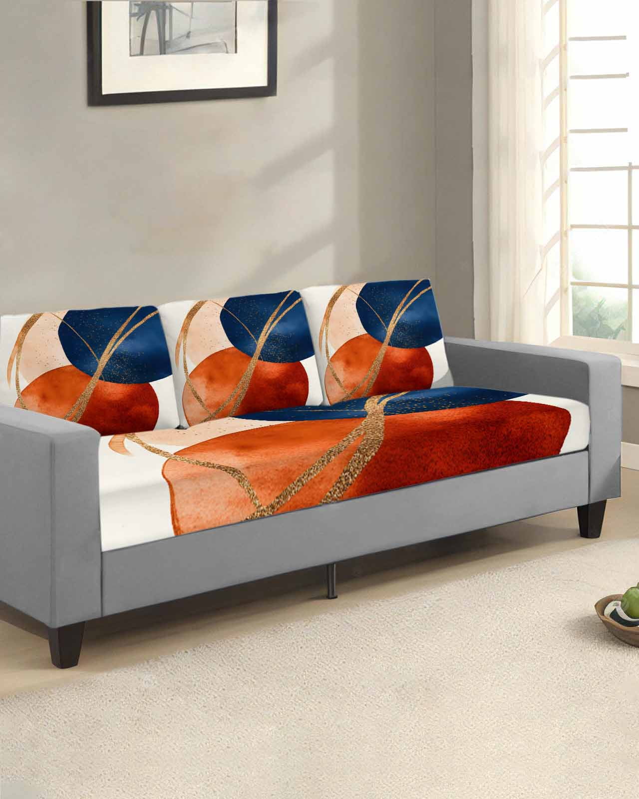 Navy Blue Burnt Orange Couch Cushion Covers Stretch, Washable Sofa Seat Covers Individual Seat Cushion Sofa Slipcovers Geometric Modern Boho Art Couch Cover Furniture Protector S-1PCS