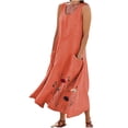 thumbnail image 3 of Robes en Lin Grande Taille pour Femmes Sans Manches à Col Rond à Imprimé Floral Boho Hawaïennes Robe d'Été Décontractée Légère Fluide Midi avec Poches Robe Rouge Melon D\'eau, Taille P-5TG, 3 of 6