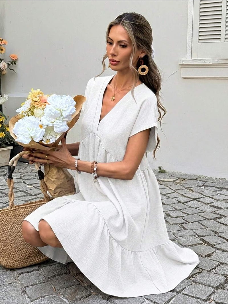 short white cottagecore dress White Womens Casual Boho V-Neck Ruffled Doll Dress Summer Picnic  Cottagecore Short Dress