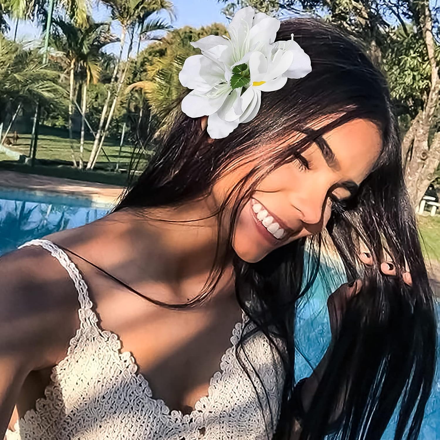 Hawaiian Hair Clip, 3 Pieces Tropical Flower Hair Pins - Artificial Hawaiian Flower Hair Accessories in White, Rose Red, and Purple for Women, Wedding Hair Piece