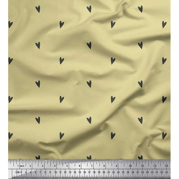 Soimoi Beige Japan Crepe Satin Fabric Black Heart Print Fabric by the Yard 42 Inch Wide
