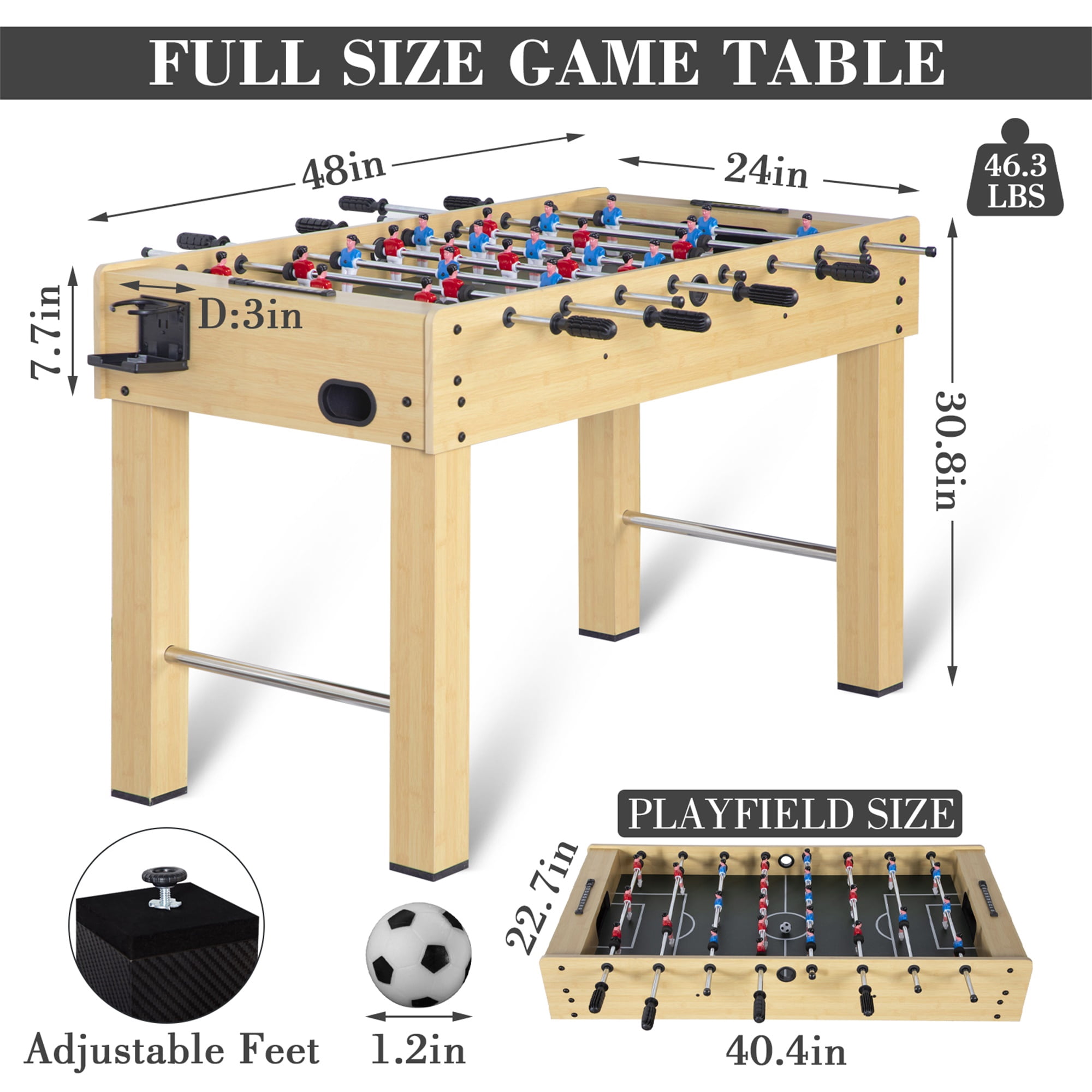 RayChee 48in Foosball Table, Competition Sized Soccer Table for Home, Game Room w/ 2 Balls, 2 Cup Holders (Bamboo Grain)