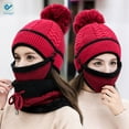 thumbnail image 2 of Deago Womens Pom Beanie Hat with Scarf and Mask Cover Set, Girls Warm Knitted Winter Beanie for with Fleece Lined (Red), 2 of 8