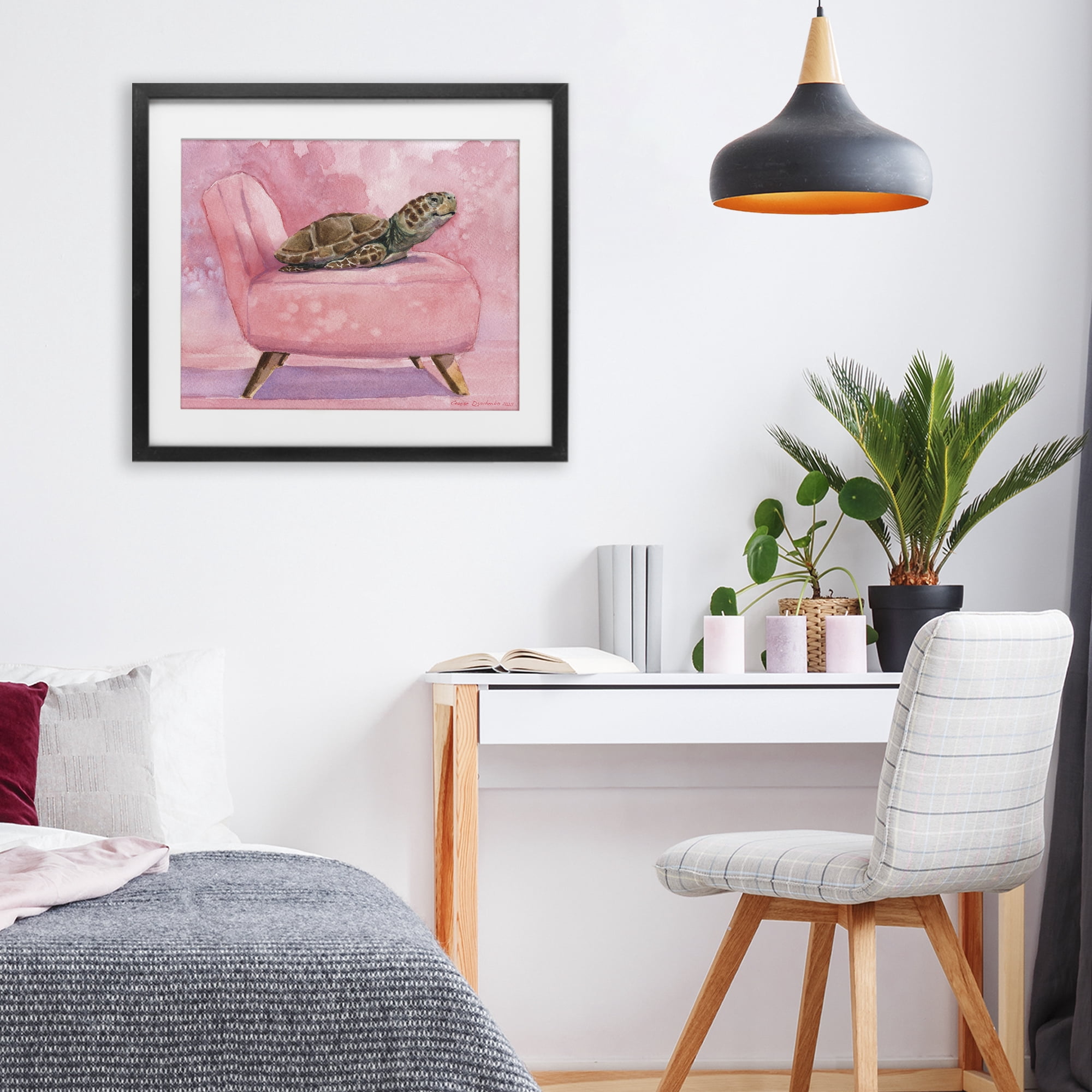Stupell Industries Happy Turtle on Pink Chair Black Framed Print Under Glass, design by George Dyachenko