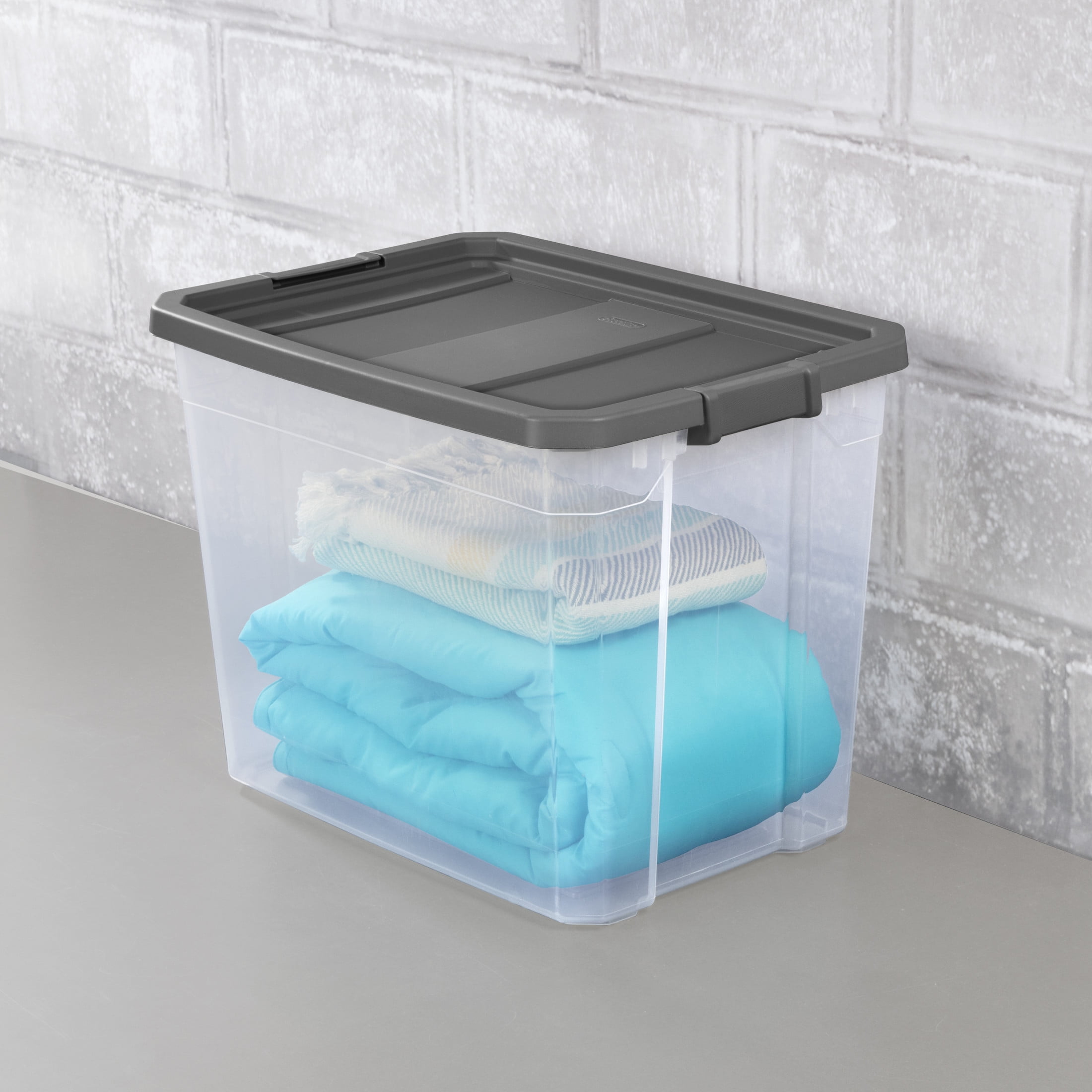 (2 pack) Sterilite 108 Quart Extra-Large Stackable Storage Bin, Clear Plastic Storage Container with Latch Lid, Dark Gray