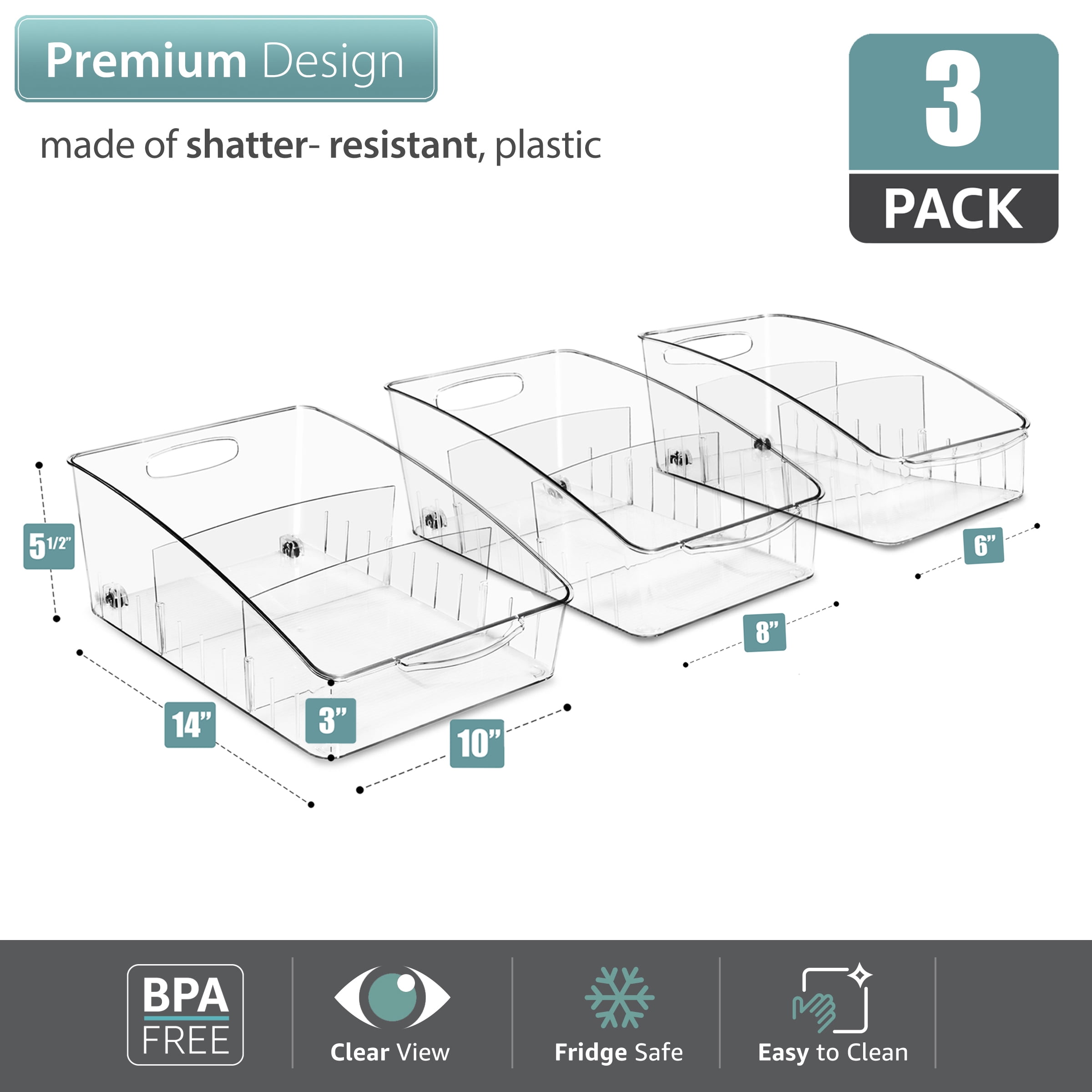 Sorbus Rolling Fridge Organizer Bins, Clear Refrigerator Storage with Dividers & Handles, 3 Pc Set