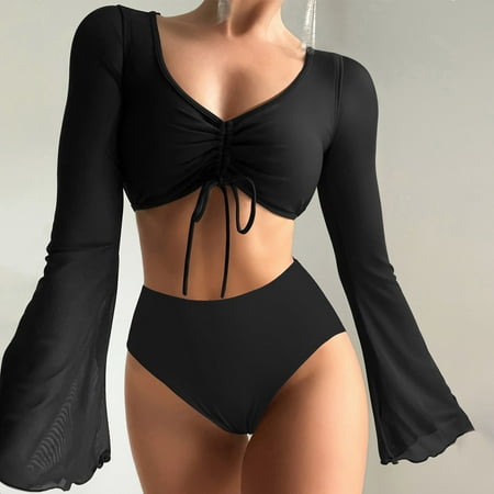 MSJUHEG Bikini Cover Up Cute Coverups Bikini Beach Cover Up Women s Sexy Long Sleeve Cover Up Split Bikini Swimsuit Bikini Set Mesh Cover Up Long Sleeve Cover Up for Women Black M