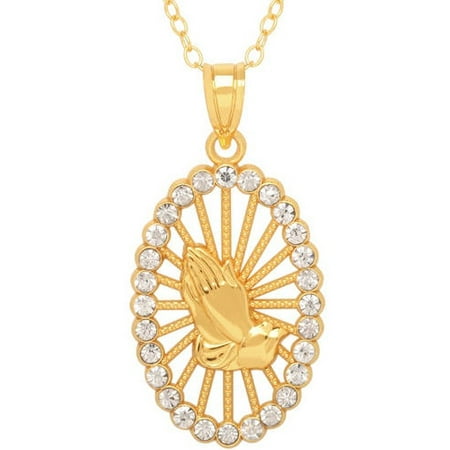 - Praying Hands Crystal Accent 18kt Gold over Sterling Silver Oval Pendant, 18