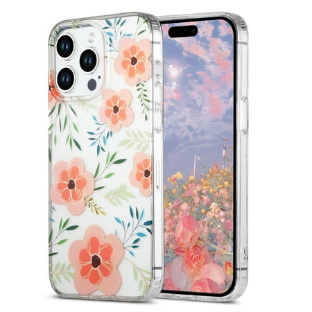for iPhone 13 Pro Max Case Clear Flower Floral Women Girl Cute Phone Case Aesthetic Soft Slim Black Shockproof Protective Cover for iPhone 13 Pro Max Crystal Colorful Floral,Pink Flower