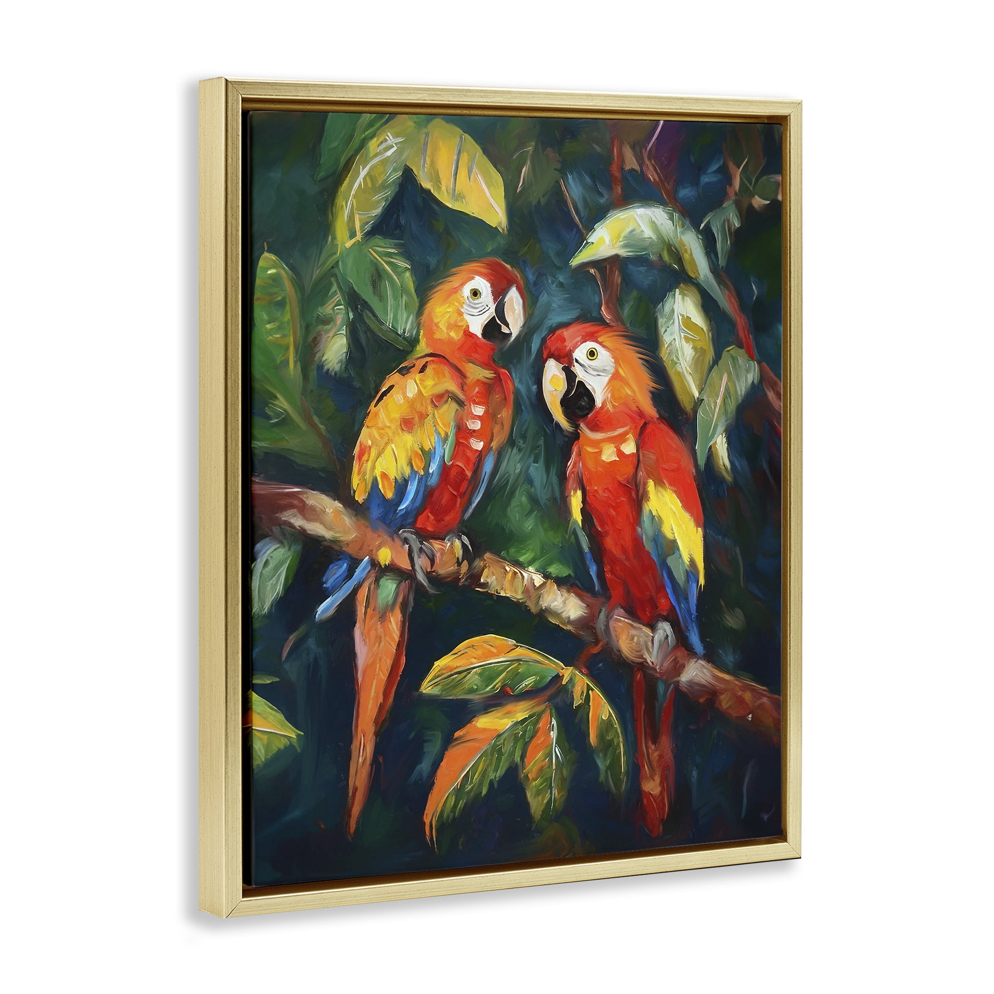 Stupell Industries Parrot Pair on Branch Animals & Insects Painting Gold Floater Framed Canvas Art Print Wall Art, 25 x 31