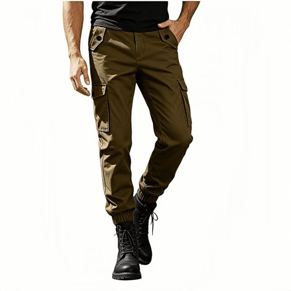 TKKCS Mens Cargo Jogger Pants Elastic Wasit Regular Fit Casual Outdoor Ankle Cuffs Utility Pants with Multi Pockets Brown XL