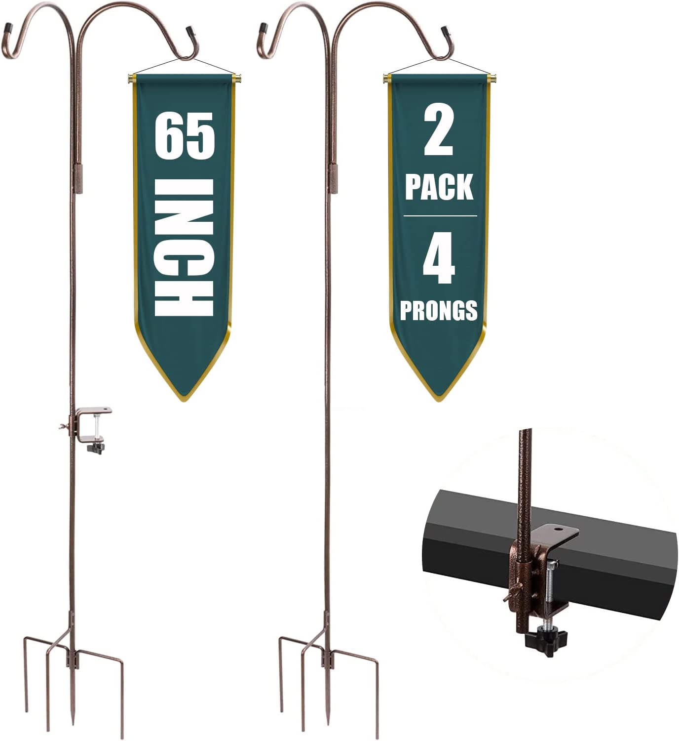 Double Shepherds Hook Adjustable Bird Feeder Pole for Outdoor with 4 Prongs Base,65 Inch Heavy Duty Garden Hanging Plant Hooks Stand Outside for Plant Hanger Wedding Decoration (Pack of 2) - image 1 of 7