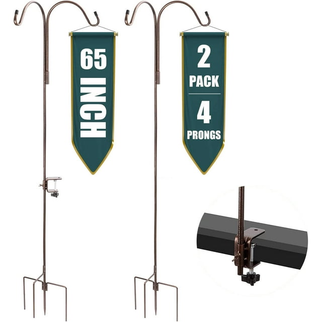 Double Shepherds Hook Adjustable Bird Feeder Pole for Outdoor with 4 Prongs Base,65 Inch Heavy Duty Garden Hanging Plant Hooks Stand Outside for Plant Hanger Wedding Decoration (Pack of 2)